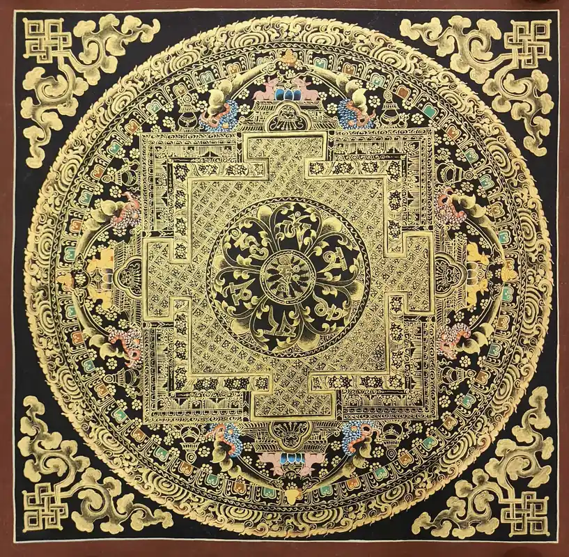Thangka de Mandala de Mantra Noir et Or