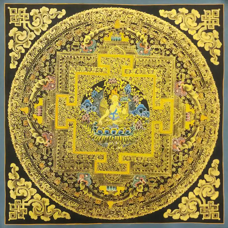 Thangka de Mandala Noir et Or sur Toile de Coton