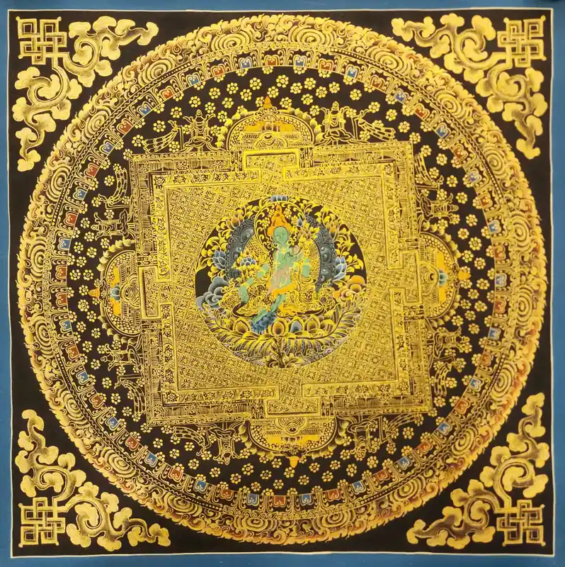 Thangka Mandala Noir et Or sur Toile de Coton