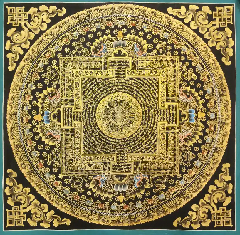 Thangka de Mandala Mantra Noir et Or
