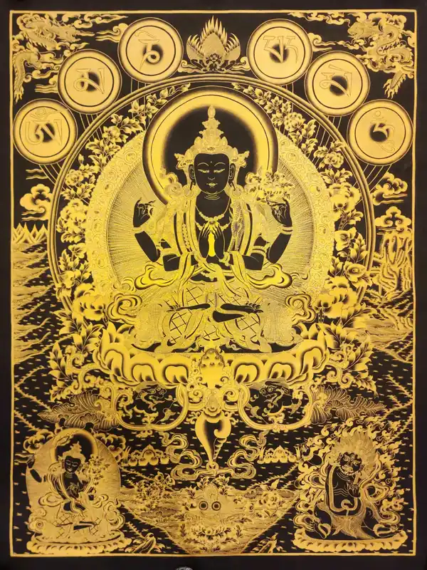 Thangka de Chenrezig avec les Pancha Bouddhas en noir et or