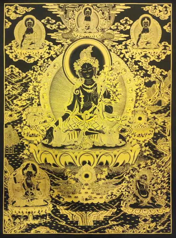 Thangka de Tara Blanche Peinte à la Main sur Toile de Coton