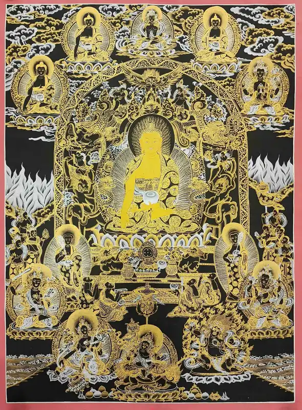 Thangka de Shakyamuni Bouddha – Toile noire et or