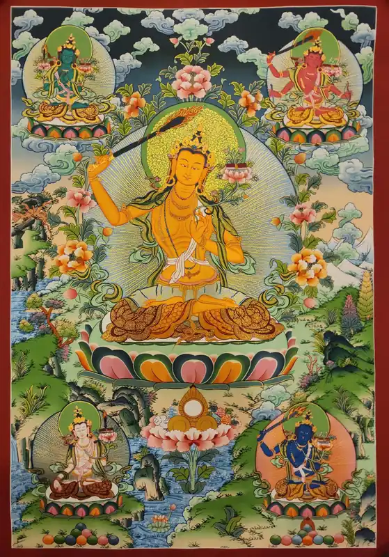 Thangka des Cinq Sagesse Manjushri – Art sur toile de coton