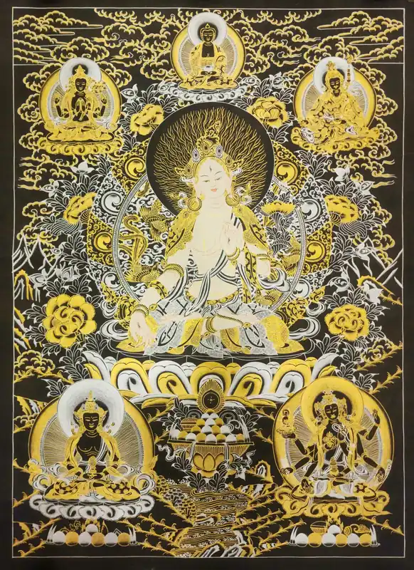 Thangka tibétain de la Tara blanche sur toile de coton