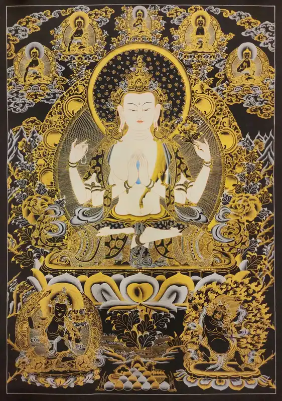 Thangka de Chenrezig des Pancha Bouddhas, Noir et Or