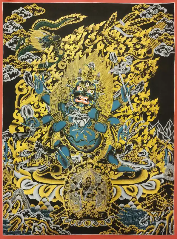Thangka de Mahakala Noir – Peinture à la main sur toile de coton