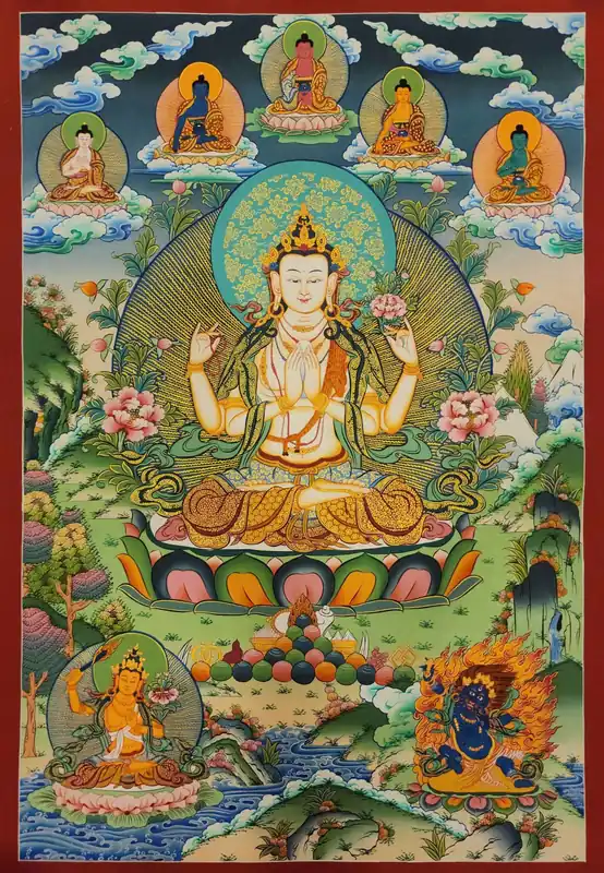 Thangka de Chenrezig sur toile de coton avec Pancha Bouddha