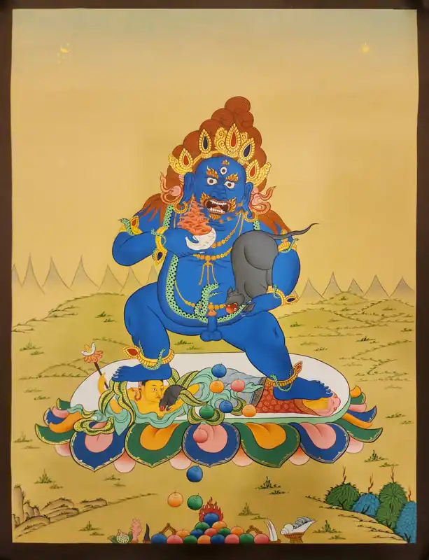 Thangka Noir de Jambhala sur Toile de Coton