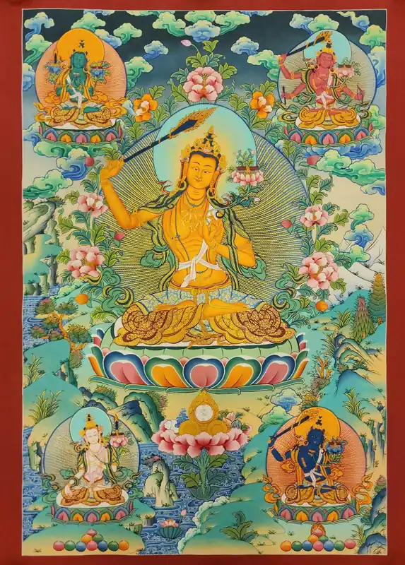 Thangka des Cinq Dhyani Manjushri – Art sur toile de coton
