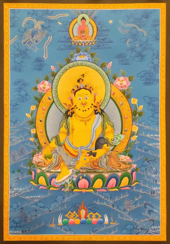 Thangka jaune de Jambhala sur toile de coton