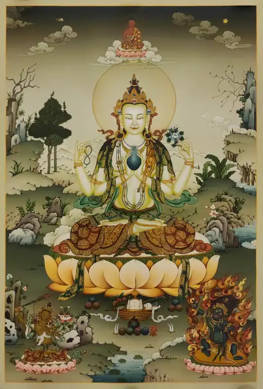 Thangka de Chenrezig sur toile de coton avec trois déesses