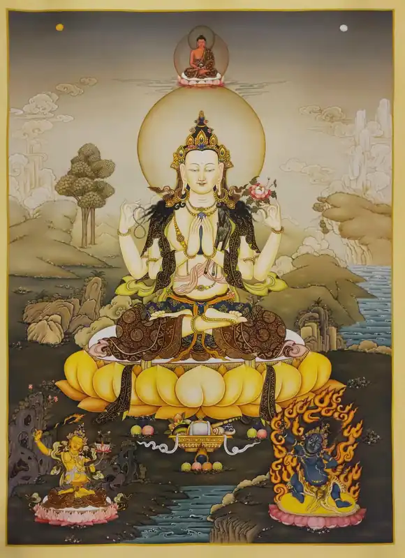 Thangka de Chenrezig sur toile de coton avec des couleurs naturelles