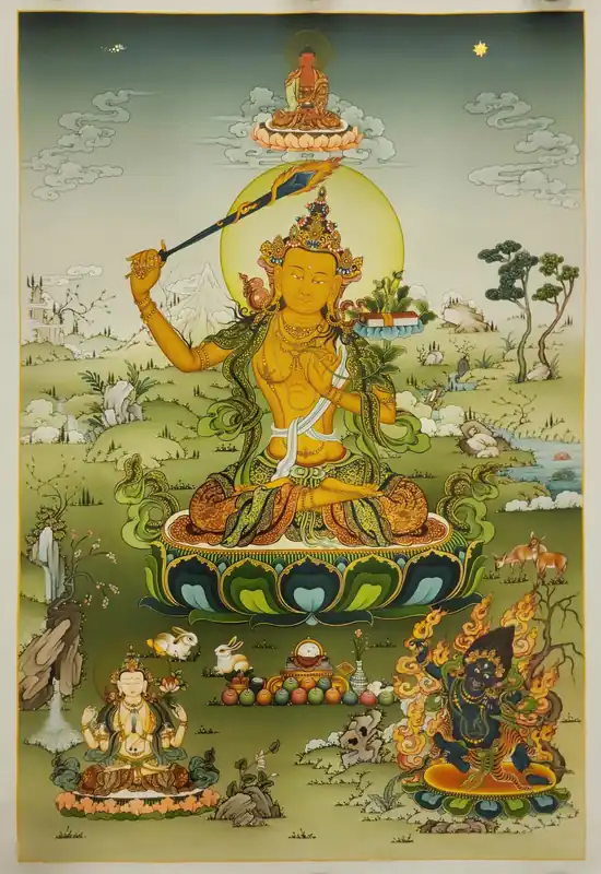 Thangka de Manjushri sur toile de coton avec des couleurs naturelles