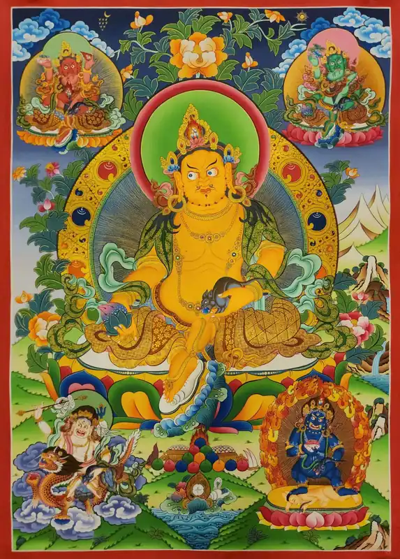 Thangka tibétain de Pancha Jambhala avec de l’or véritable