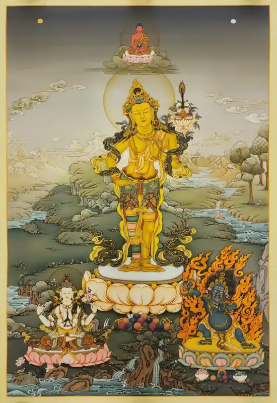 Thangka de Manjushri sur toile de coton avec des déesses