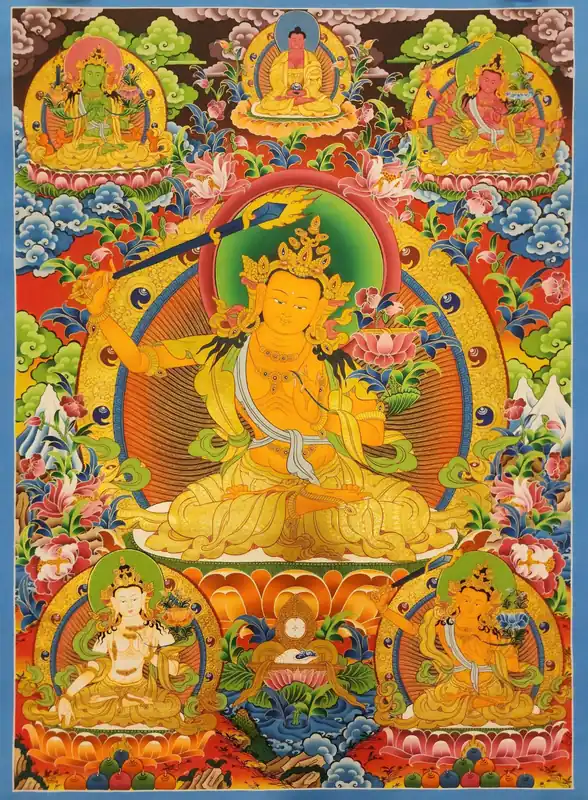 Cinq thangkas de Dhyani Manjushri sur toile de coton