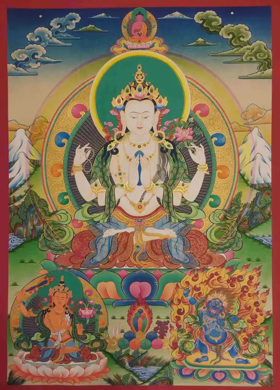 Thangka tibétain de Chenrezig avec le Bouddha Amitabha