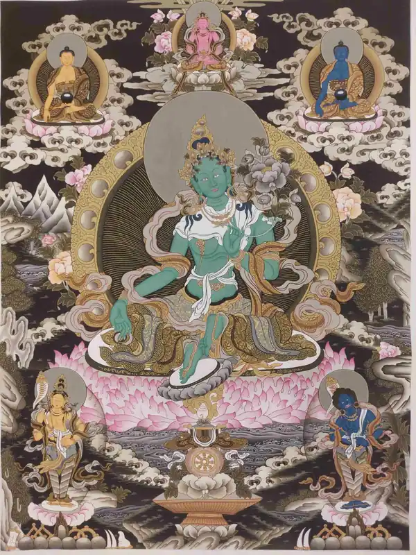 Thangka de la Tara Verte avec le Bouddha Amitabha