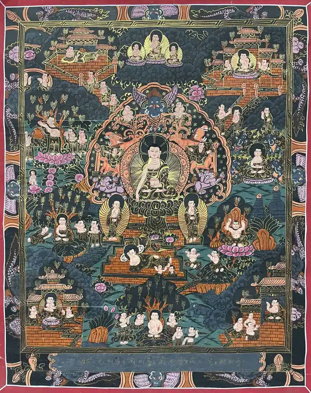 Thangka de 43 cm représentant la vie du Bouddha tibétain.