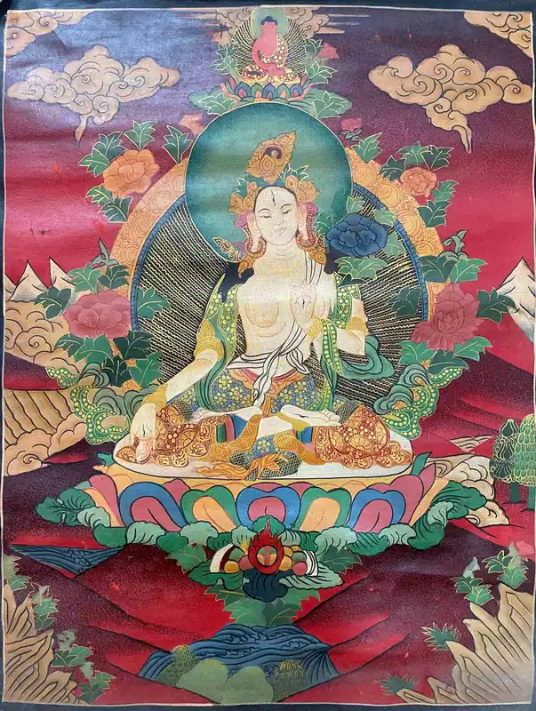 Thangka de la Tara Blanche avec le Bouddha Amitabha