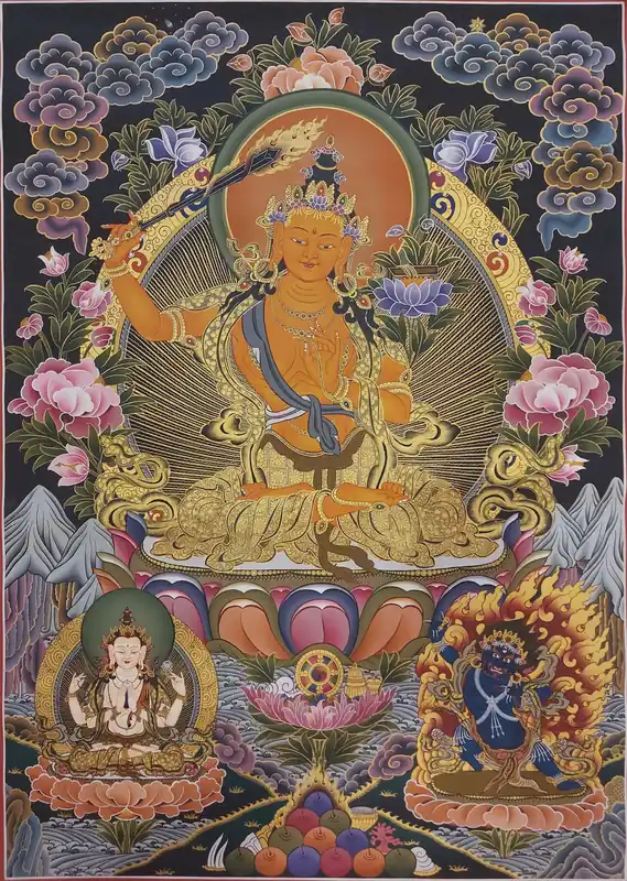 Thangka d’art de Manjushri avec Vajrapani