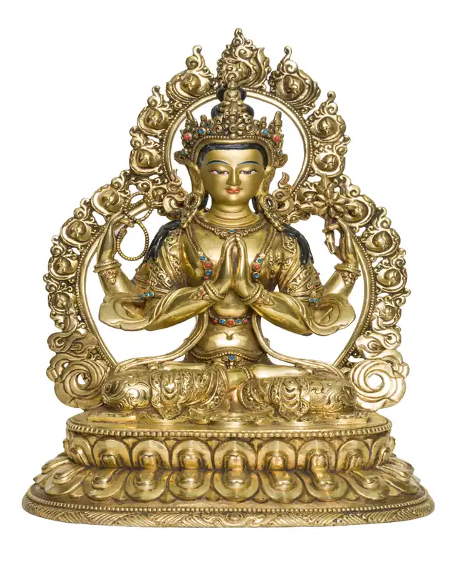Statue traditionnelle en cuivre de Chenrezig provenant du Népal