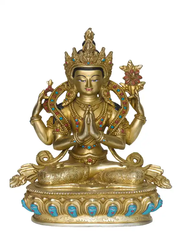 Statue en cuivre de Chenrezig bouddhiste du Népal