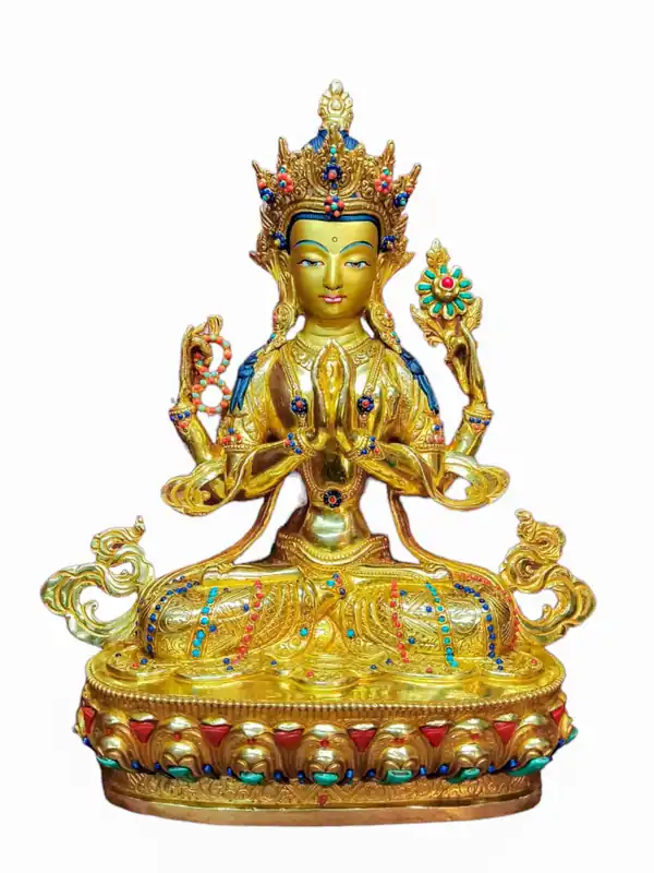 Statue en cuivre de Chenrezig tibétain provenant du Népal