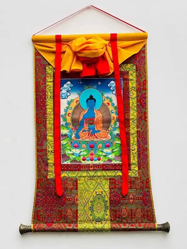 Peinture du Bouddha de médecine encadrée en soie