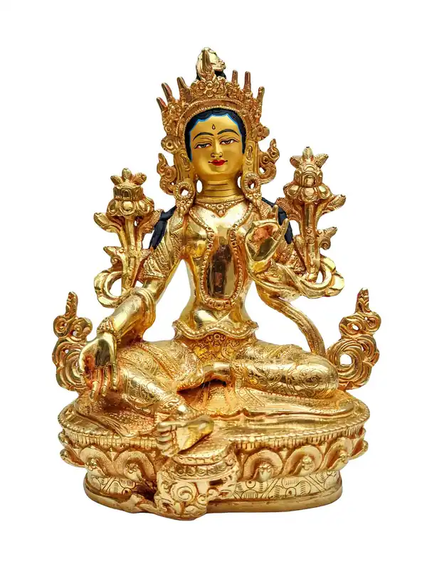 Statue de la Tara verte en cuivre avec sertissage en pierre.