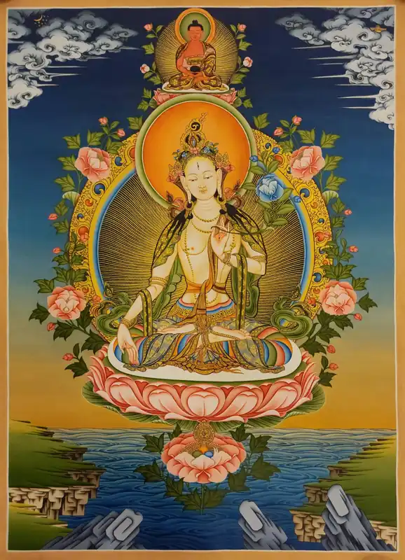 Thangka traditionnelle de Tara Blanche avec le Bouddha Amitabha