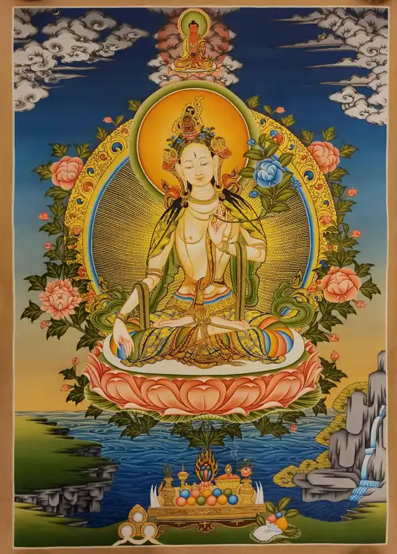 Tara Blanche avec le Bouddha Amitabha – Art tibétain