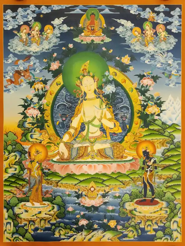 Peinture de la Tara Blanche avec le Bouddha Amitabha