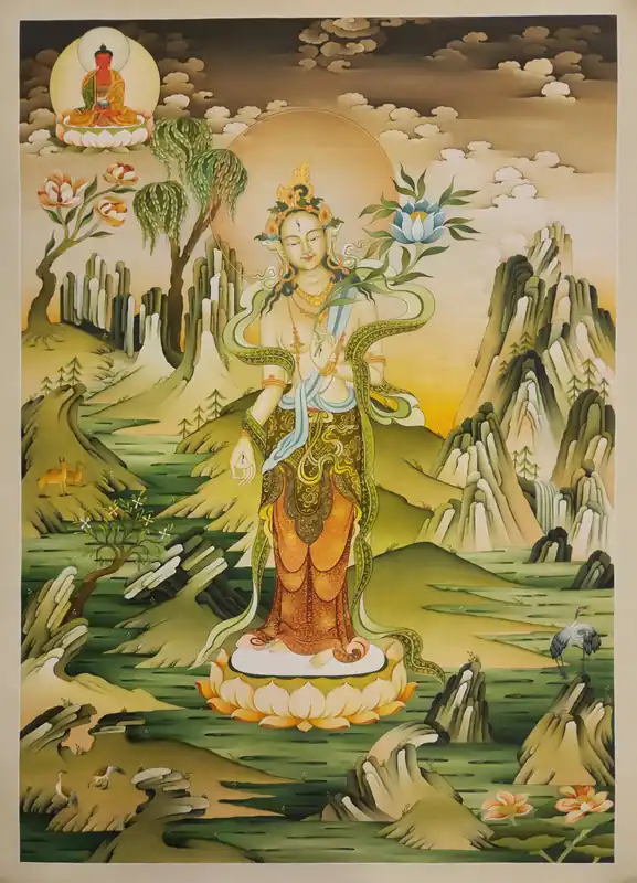 Thangka de la Tara Blanche debout avec le Bouddha Amitabha