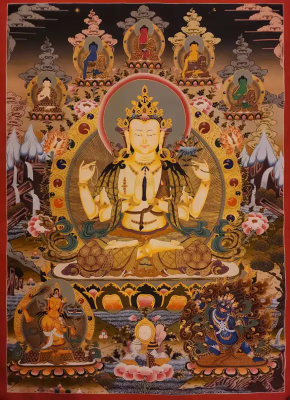 Chenrezig avec Pancha Buddha Thangka bouddhiste