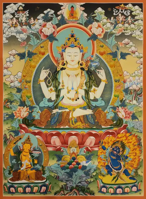 Chenrezig avec le Bouddha Amitabha – Thangka tibétain